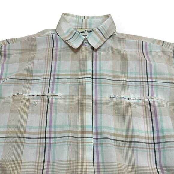 Vintage DIANE VON FURSTENBERG Button Up Blouse Top 3/4 Sleeve Plaid Pink Green S - Picture 4 of 10